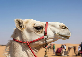 White camel in red halter in desert landscape with clear blue sky for travel advertising