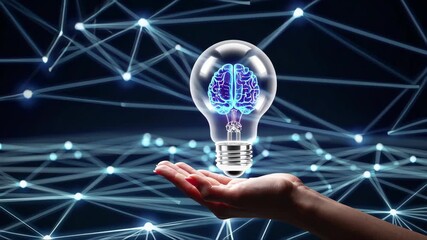 hand holding glowing hologram light bulb with brain inside, symbol of innovation and creativity, futuristic technology background, neon blue digital network, cinematic lighting - Powered by Adobe