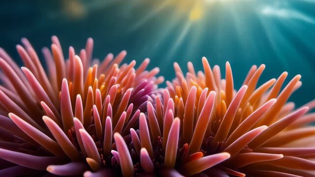 Underwater Sea Urchin Close Up with Colorful Spines and Sunlight.