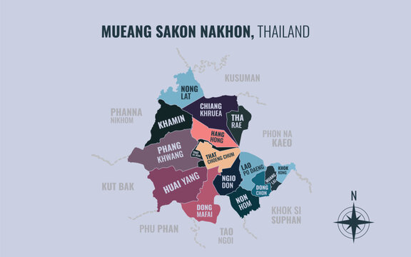 Map showing Mueang Sakon Nakhon District Sakon Nakhon Thailand divided into sub-districts with minimalist colorful patterns