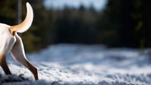 4k Pointer dog standing alert in the snow-covered field, surrounded by winter landscape and soft sunlight