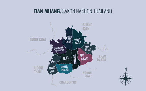 Map showing Ban Muang District Sakon Nakhon Thailand divided into sub-districts with minimalist colorful patterns