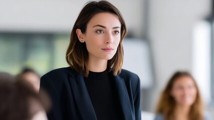 4k Professional woman presenting to colleagues at a business seminar, engaging audience, sleek modern office or event hall, confident body language and strong leadership presence