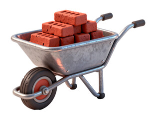 Wheelbarrow with bricks 3D illustration, isolated on transparent background, png