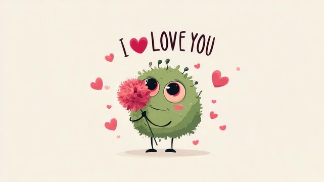 cute little monster with flower and I love you message illustrated animation