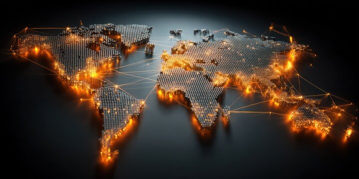 A stylized world map glows with city lights, connected by bright orange lines against a dark backdrop