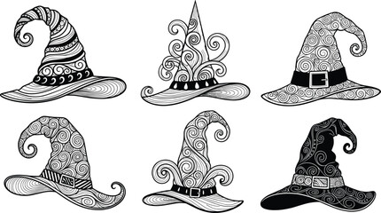 Witch hat line art set, decorative magic hats illustration, halloween fantasy wizard headwear collection, black and white vector design © Maisa