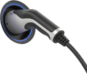 Modern electric vehicle charging plug handle with led light ring isolated on white background ideal for eco friendly transportation and green energy ads.