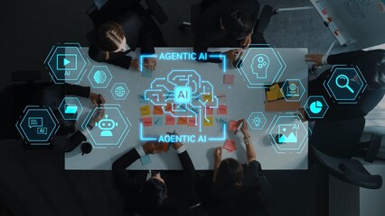 Creative team collaborating around a table, integrating artificial intelligence concepts with digital elements for a futuristic business strategy session Gluon.