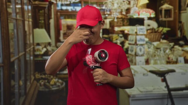 Young man pinched nose holding packing tape dispenser inside a building shop with cluttered shelves; disgust.