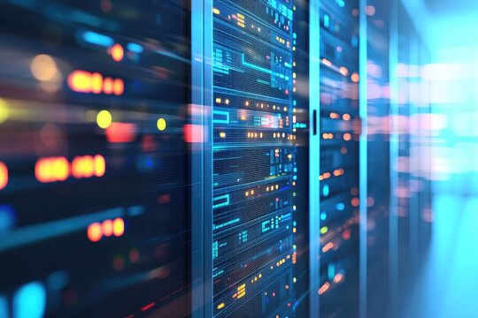 High performance IT data center server racks with cloud computing infrastructure and AI driven data flow for enterprise networks, digital transformation, cybersecurity concepts