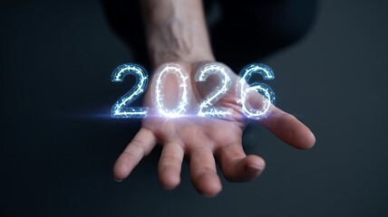 A persons hand displaying glowing 2026 numbers on their palm in dark background