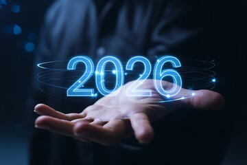 A persons hand holding the glowing blue neon numbers 2026 in a futuristic setting