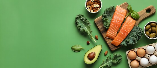 Healthy food arrangement with salmon avocado kale nuts and eggs on green