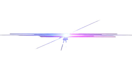 Vibrant lens flare with multi-pointed starburst, intense horizontal electric blue, violet, magenta rays, sparkling particles on transparent background, ample copy space. Concept of futuristic
