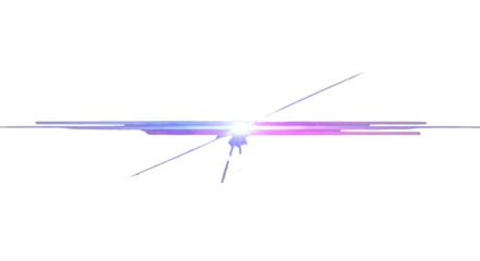 Vibrant lens flare with multi-pointed starburst, intense horizontal electric blue, violet, magenta rays, sparkling particles on transparent background, ample copy space. Concept of futuristic