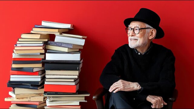 Elderly man in black hat and sweater smiles at something, seated near a tall stack of books against a red backdrop