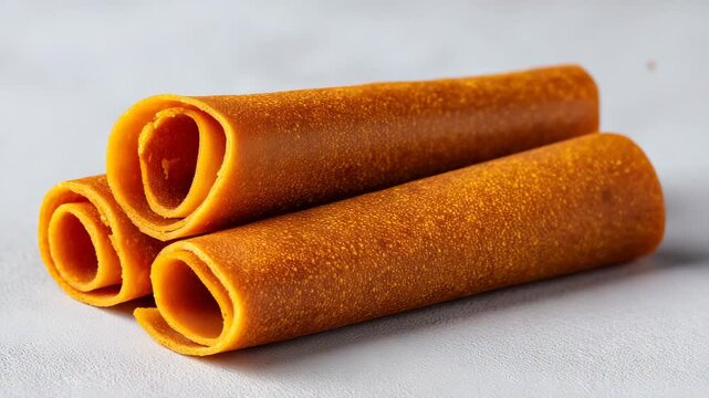 Close-up of two rolled fruit leather pieces on light background, dried apricot or mango snack, healthy homemade sweets, minimalistic food photography, natural texture  4k
