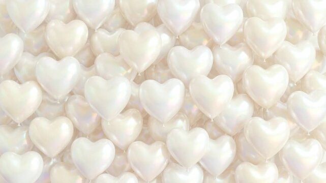 Countless elegant pearl colored, heart shaped balloons gently floating upward in a seamless loop, creating a romantic and celebratory background perfect for weddings and anniversaries