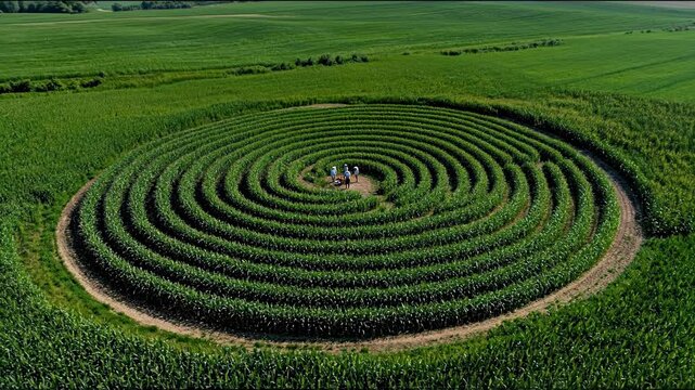 Aerial view of a spiral crop maze in a green field, with a few people at the center