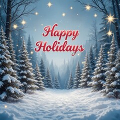 On a festive winter backdrop, a happy holiday greeting. A scene of a snowy forest with fir trees and bright star decorations. Cards for celebrating Christmas and New Year's