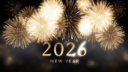 Sparkling New Year 2026 celebration background with golden fireworks and festive bokeh lights, elegant white typography in the center, dark gradient backdrop, luxury holiday design