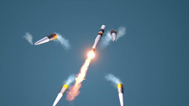 Separation of the first four stages of the cargo spacecraft launch vehicle during launch. 3D animation. 4K.