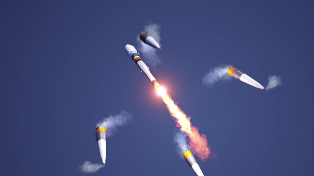 Separation of the first four stages of the spacecraft launch vehicle during launch. 3D animation. 4K.