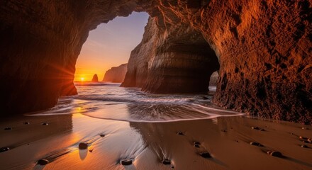 Sunset through a cave with rocky cliffs and ocean waves on a sandy beach.