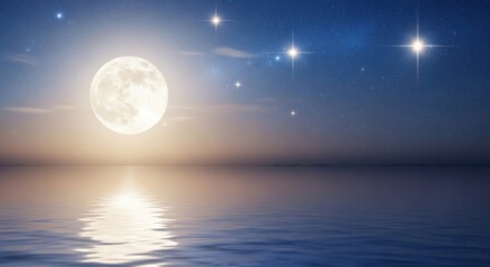 A serene night sky with a full moon and stars reflecting on the calm ocean.