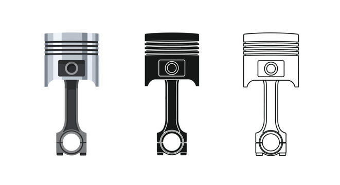 Three engine pistons depicted in different styles grayscale black and outline