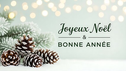 French holiday greeting card featuring frosted pine cones resting on white snow against a soft background illuminated by warm bokeh lights celebrating Christmas and New Year wishes beautifully