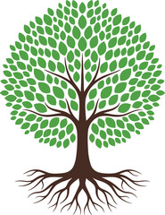 Fototapeta premium Stylized tree with roots and leaves, symmetrical nature design, growth concept, eco symbol illustration, flat vector