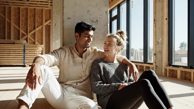 Young couple sitting on floor of new home under construction.