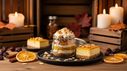 Naklejka premium Assortment of pumpkin cheesecake desserts in jars and slices arranged on a dark platter with candles and dried orange slices