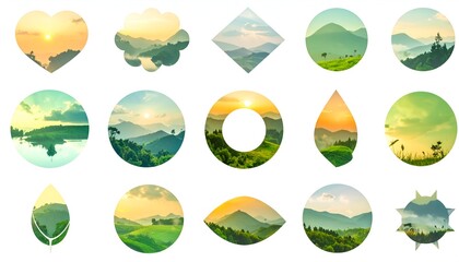 Abstract shapes with landscape scenes, sunrises, sunsets, and vibrant nature imagery