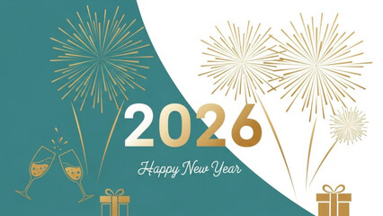 Happy new year 2026 celebration with fireworks and champagne