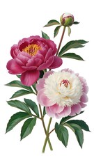 Vibrant peonies in full bloom with lush green leaves