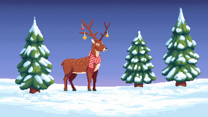 Pixel art winter landscape with deer in scarf, snowy trees, evening sky. Seamless when aligned horizontally, vector illustration.