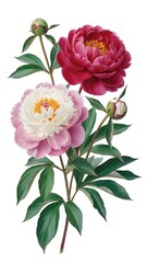 Vibrant pink and white peonies with lush green leaves on white background