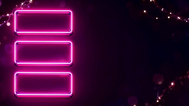 A festive dark background with text frames, soft shimmering light, and three bright pink neon rectangles on the left, glowing in a vertical column.