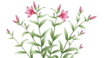 Pink flowering plant isolated on transparent background with green leaves