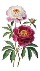 Vibrant pink and white peonies with lush green leaves on white background