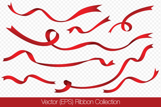 Realistic set of red ribbons isolated on a transparent background, featuring curved ribbons in different lengths, twists, and shapes. Vector illustration for holiday decorations and graphic projects