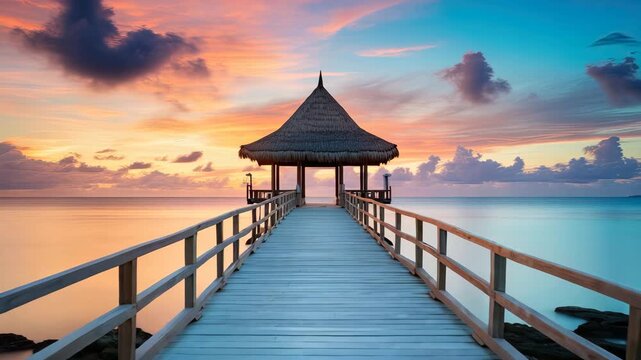 jetty on tropical seascape at beautiful sunset animation