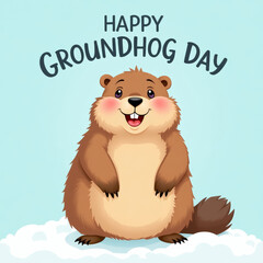 Smiling groundhog standing on snow with happy groundhog day text on light blue background