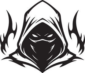 Intense Hooded Ninja Assassin with Tribal Flames. Black and White Vector Logo of Masked Warrior Head PNG Stock Illustration