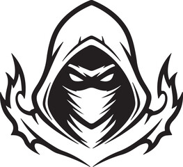 Epic Hooded Ninja Assassin Logo with Flames. Black and White Vector Illustration of Masked Warrior Head PNG Stock