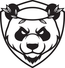 Fierce Angry Panda with Laurel Leaf Crown and Shield Emblem - Victorious Warrior Panda Mascot Black and White Vector Logo for Esports, Gaming, and Branding