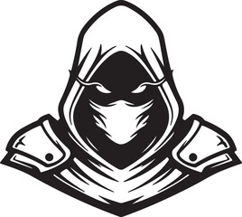 Mysterious Hooded Assassin Logo. Black and White Vector Illustration of Masked Ninja Warrior with Armor PNG